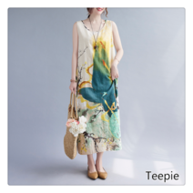 티피/Teepie여성 여름 엘레강스 빈티지 에스닉 루즈핏 면마 롱 슬리브리스 원피스