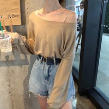 레쉬가드티셔츠 가을 와이드 루즈핏 일자 오픈숄더스타일 얇은 숏 스판 블라우스 긴 소매 여성 1648568954
