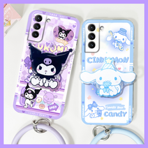 호환 삼성 갤럭시 쿠로미 시나모롤 절친 범퍼실리콘 케이스 호환 갤럭시 S20 21 22울트라 플러스+핑거형 스트랩+핸드폰 거치대 3종 세트