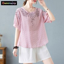 퀸앤조이 꽃펀칭 넝쿨자수 반팔 블라우스***판매자 SSK무역***
