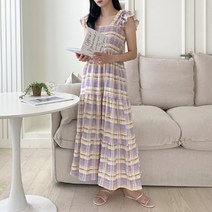 코지 샤방 체크 프릴 캉캉 스모크 나시 롱원피스