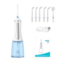 휴대용 5 모드 구강 세척기 휴대용 치과 워터픽 7 방수 치과 워터 제트 치아 클리너 6 노즐 치아 미백, White and blue