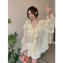 프릴블라우스 목 라인 프릴 넥 카라 블라우스 바람 v 긴팔 시폰 셔츠 여성 봄 프렌치 시크 틈새 얇은 섹션 바닥 탑