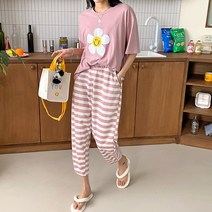 도도해닷컴 여성 밴딩 배기 팬츠 가로 스트라이프 데일리 홈웨어