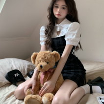 vsyoy 빈티지 격자 무늬 드레스 여성 여름 대학 스타일 달콤한 스파이스 소녀 스커트 셔츠 세련된 스커트 2 조각 세트 조수
