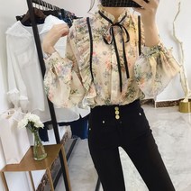 퐁순싸롱 하이넥 주름 프릴 꽃무늬 쉬폰 셔츠 블라우스 SH