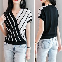 리틀깽스 브이넥 쉬운코디 어디에나 잘 어울리는 단추 사선 배색 스트라이프 반팔 니트