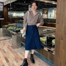 여성치마 재고 정리 가격 ¥68 프렌치 올 매치 비대칭 사선 플래킷 하이웨이스트 데님 스커트 예쁜