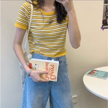 하일 판 귀요미 자수 패턴 스트라이프 반팔 상의 블라우스