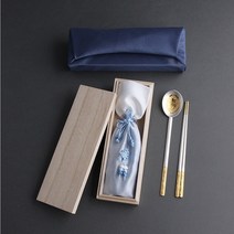 은수저세트 수복금부은수저 1p 24K금도금 순도 99.9% 1벌 생신선물 개업선물 외국인선물 돌잔치선물 퇴직자선물 부모님선물 창립기념품 결혼예물 오동나무케이스, 블루보자기+블루주머니