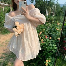 스타일 일자 넥 오프숄더 퍼프 여 패션 나잇 하이웨이스트 LAP원피스 드레스 하객원피스 롱원피스 여성 린넨