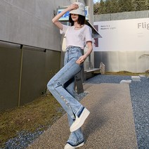 여성데님청바지 여유로운 와이드 모찌 일자 허리밴딩 프린팅 멜빵 부츠컷 미디웨스트 진청