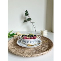 북유럽 골드라인 디저트 볼 나뭇잎 요거트 그릇 셀러드 접시 예쁜 도자기 빈티지 프랑스풍, 블루(스푼미포함)