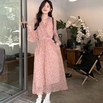 아르 브이넥 잔꽃 플라워 긴팔 허리 슬림 롱 원피스