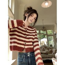라운드 스트라이프 크롭 니트 가디건 루즈핏 단가라 배색 숏 예쁜 봄 간절기 수입 SY