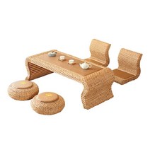 일본식 다다미 등나무테이블 다다미매트 깔끔 4인용 테이블 세트, S 레그 빅 티 테이블 + 천 쿠션 4개