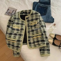 시어링 크롭 프린지 펄 브레스트 체크 라운드 트위드 숏 자켓