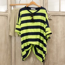 와펜 단가라 오버핏 반팔 빅사이즈 스트라이프 티셔츠 롱티