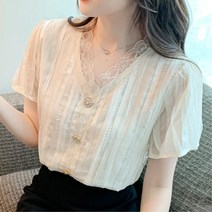 여성 러블리 레이스 금장버튼 반팔 블라우스 레이스블라우스