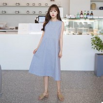 gops2323b 나시 롱 스트랩 스트라이프 원피스 Lovely A라인 플레어 뒷단추 여