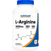 Nutricost 뉴트리코스트 L 아르기닌 1000mg 운동 보조제 150정 아미노산 헬스 보충제 건강기능식품 정제