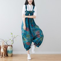 벌룬팬츠 홑적삼 동반함 물 가을 플라워 프린팅 칠부 구제 대미지 슬림핏 조절가능 멜빵바지 방랑기 1885477753