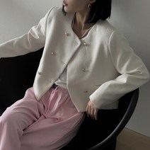 [제이앤로제] 바비 더블 트위드 자켓 (봄 가을 루즈핏 노카라 숏 라운드 넥 긴팔 포켓 골드 금장 단추 버튼 세미 반 크롭 클래식 하객 룩)