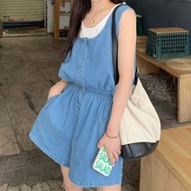 쇼프 민소매 점프수트 슬랙스 데님 바지 팬츠 반 조거 여성 와이드 데일리