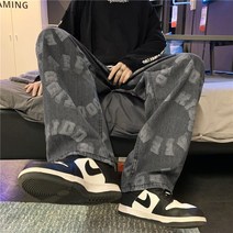 일본 알파벳 자카드 청바지 남자 구미 길거리 힙합 트렌드 깡패 잘생김 와이드 스트레이트 와이드 캐주얼 긴 바지