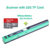 책스캔 북스캔 IScan 휴대용 스캐너 문서 A4 책 컬러 사진 이미지 핸드 헬드 지원 JPG PDF TF 카드 배터리, 15 Green with 32G Card