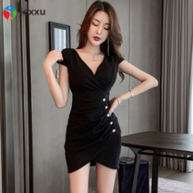 JOXXU 원피스 2022년 신모델 기질 여성스럽다 원피스 브이넥 블랙 스커트 허리를 접다 날씬해 보이다 치마