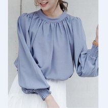 [이신]신상핫 아마존 2021 가을 새로운 시폰 셔츠 여성 일본식 버블 슬리브 스탠드 칼라 도시 우아한 전문 긴 소매 셔츠