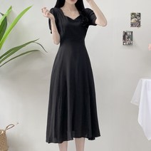 마이블링 [당일발송/4color/대존예핏] 여름 린넨 하트넥 퍼프 플레어 뒷리본 하객 반팔 롱 원피스