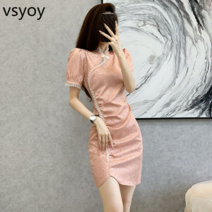 vsyoy 프랑스 틈새 개선 cheongsam 스커트 여성 여름 작은 디자인 빛 고급 사교계 복고풍 중국 스타일 드레스