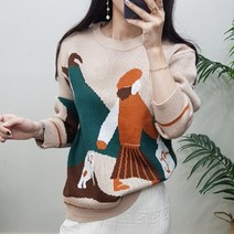 제이후 가을 소녀 그림 프린트 라운드 니트 티셔츠