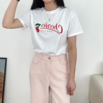 프린팅 모달 스판 쫀쫀 여자 반팔 핑크 티셔츠