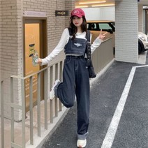 멜빵바지 치마바지 여성점프수트 아메리칸 핫걸 데님 와이드 팬츠 봄옷 2022 하이웨이스트 분할 다크 스트레이트 여 202 블랙 상의 S