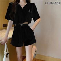 LONGKANG 키 작은 레포츠 여자 티셔츠 반바지 세트 면 상하의 투피스 여자 여름 반팔 운동복 여성 캐주얼 트레이닝 세트 투피스 여름 상하의세트 여자 트레이닝복 세트