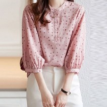 땡땡이 도트 블라우스 셔츠 장식 여성 소매 카라 여름 쉬폰