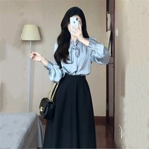 미스손 여성 하객룩 상하세트 블루 새틴 블라우스+롱 스커트 투피스 M176