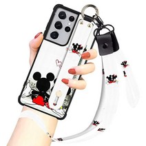 미국발송 Cuwana 삼성 갤럭시 S21 울트라용 만화 케이스 6.8인치 귀여운 화이트 미키 마우스 만화 캐릭터 디자인 랜야드 손목 스트랩 밴드 홀더 충격 방지 보호 범퍼 킥스탠드