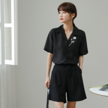 빈티지 자수 장미 아사 반팔 셔츠 여하