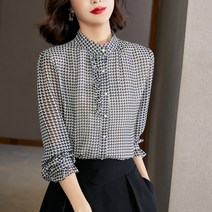 오버클래쓰 여성 헨리넥 블라우스 캐주얼 하운드 체크 프릴 셔츠
