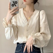 선도스토어 여성 상의 셔츠 오피스룩 소매 프릴 러플 루즈핏 브이넥 클래식블라우스