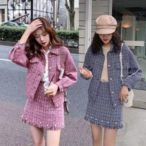 DAPANDA 모던한 아일렛 트위드 스커트 빈티지 체크 투피스 캐주얼 하프코트 스커트