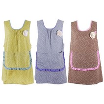 플라워 장식 원피스형 앞치마 끈없는 옆단추 체크프릴, 블루(회색)