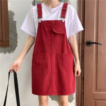 WZC 여성 미니 멜빵 데님원피스 무지 포켓 루즈핏 여름원피스 청치마 베이직 빅사이즈 S~5XL