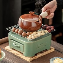 도자기 세라믹 숯불 차 일본식 화로대, 노란색가로형쌍이삭난로+흑라탄옆손잡이냄비