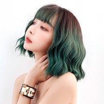 가발 여성 패션 그라데이션 폴라리스 그린 리얼 옥수수 파마 숏 웨이브