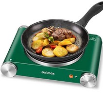 더블 핫 플레이트 Cusimax 1800W 버너 요리용 휴대용 전기 조리대 쿡탑, 주철, 2 녹색 단일 버너